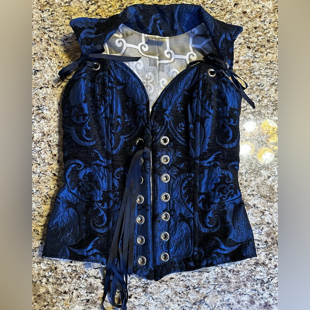 DitD blue and black medallion overbust corset